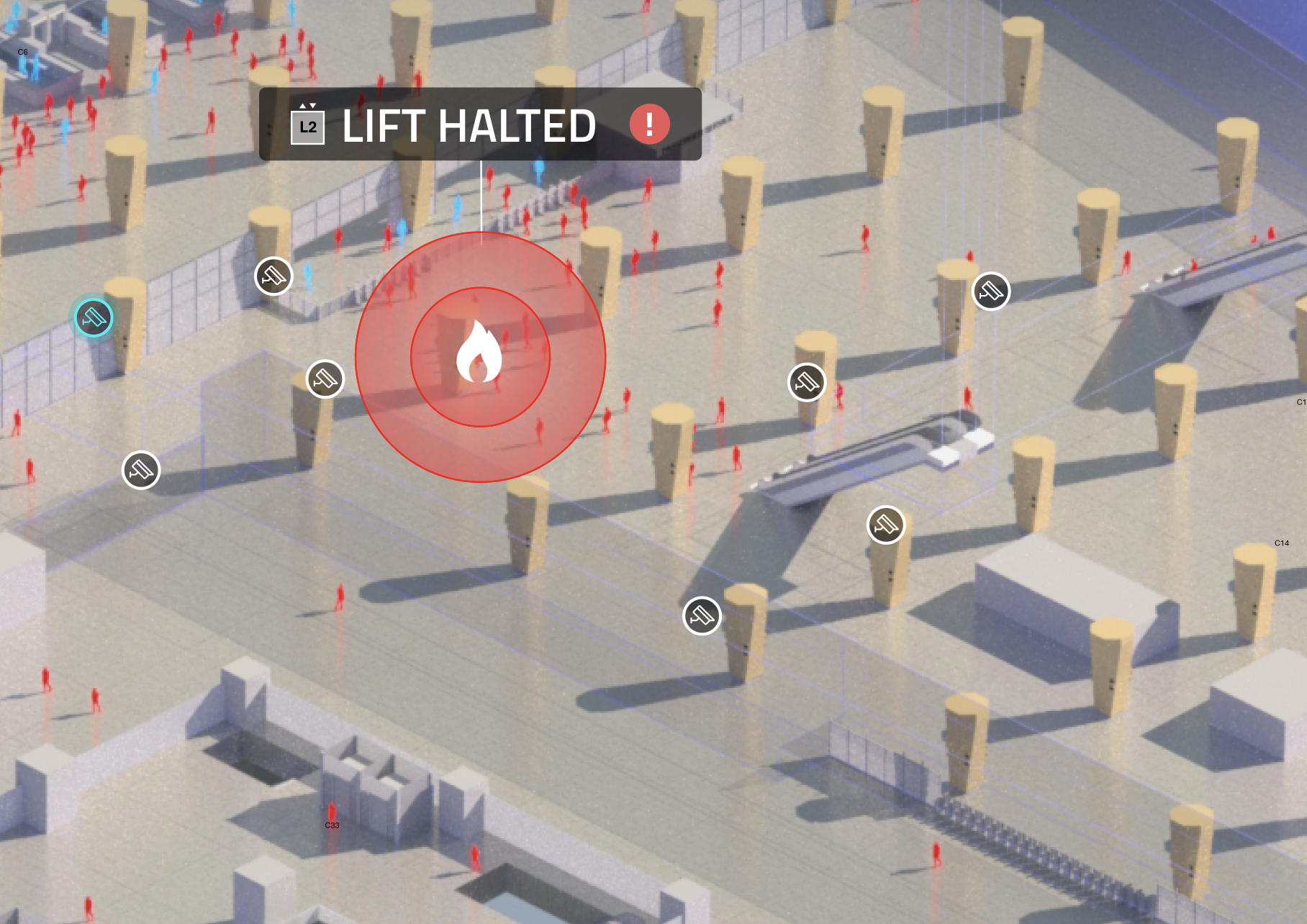 Lift-halted alert overlaid on a hospital floor plan